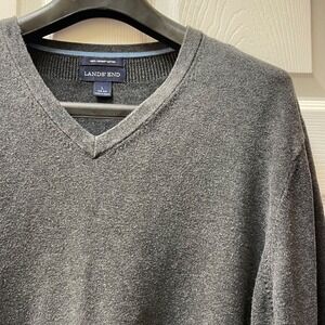 Lands' End Men's Sweater Size Large Gray V-Neck Pullover 100% Supima Cotton